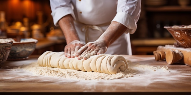 Closeup of man hands kneading dough on table in bakery