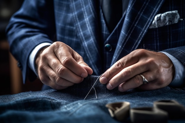 Closeup of a man hands sewing a blue jacket with AI generated