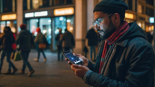 Foto close-up di mani di uomo che scrivono un messaggio sms tramite smartphone fuori hipster uomo che si diverte la sera