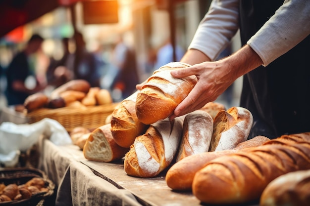 Крупный план мужчины, держащего буханку хлеба на уличном рынке