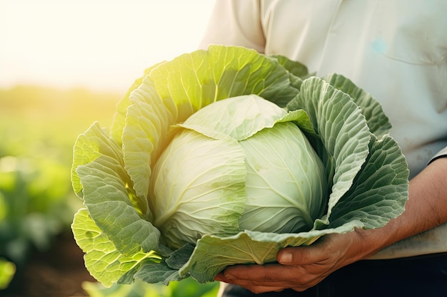 Closeup of a man holding ripe cabbage in the field