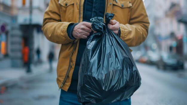 Closeup man holds black plastic bag that contains garbage inside Concept Waste management Environment problems