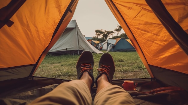 Closeup of man legs in camping tent generative ai