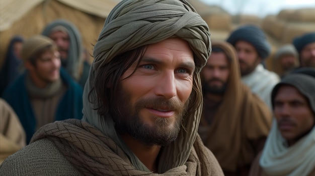 CloseUp of Man in Middle Eastern Attire With Villagers in Background