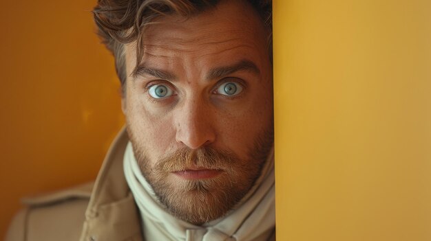 Photo closeup of a man peeking around the corner