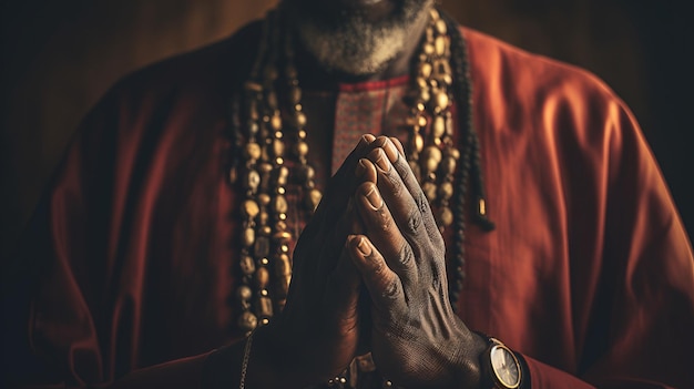 Photo closeup of a man in a red robe and beads praying generative ai