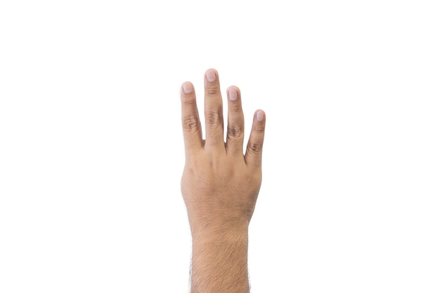 Closeup man's back of hand Open outstretched hand showing five fingers means number five extended in greeting copy space isolated on white background Space for text