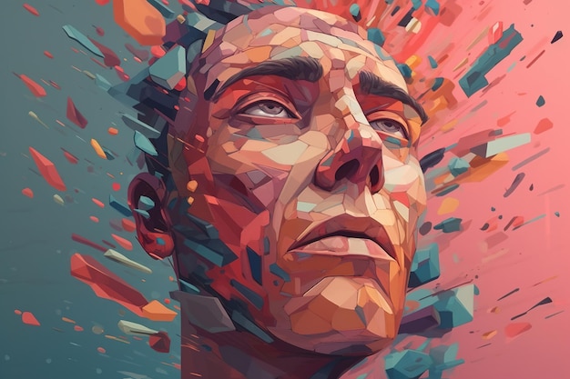 Closeup of a man's face and head with flying particles destruction abstract art illustration