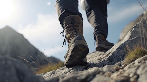 Closeup of man's feet standing on the edge of a mountain Generative AI