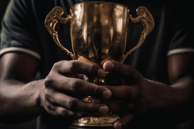 Closeup of a man's hand holding a gold trophy