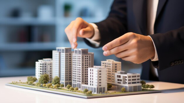 Closeup of a man's hand presenting a layout of a residential area or house on an office desk