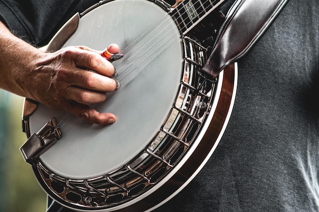 Photo closeup of man's hands playing banjo.