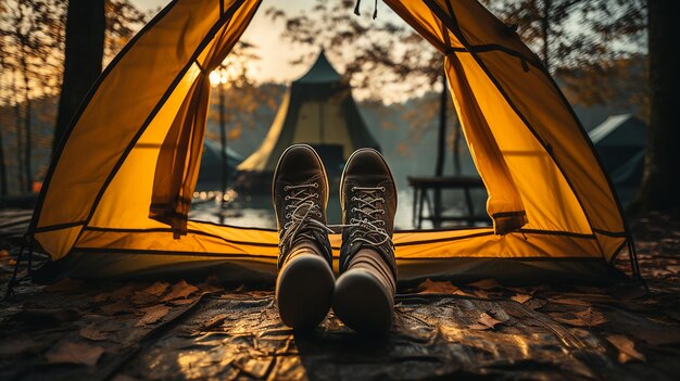 Closeup of man's legs in camping tent