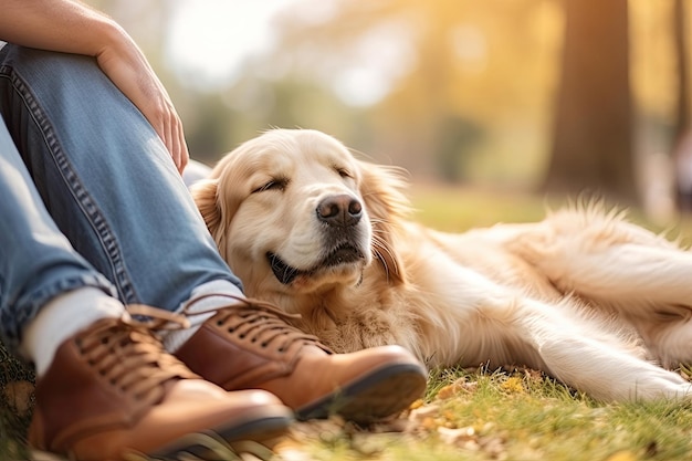 Closeup of a man sitting with his happy dog in a park