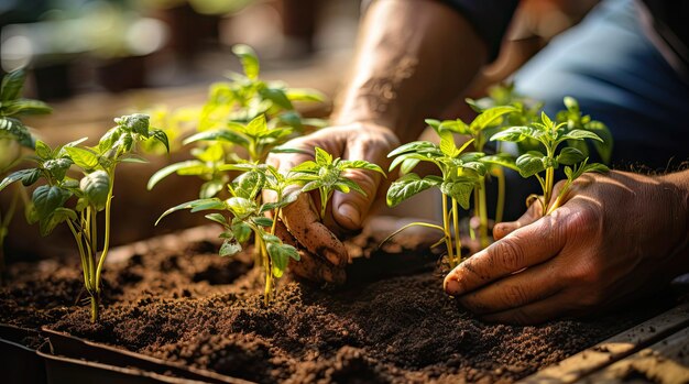 Closeup of a man transplanting small seedlings into the ground web banner gardening love of nature concept