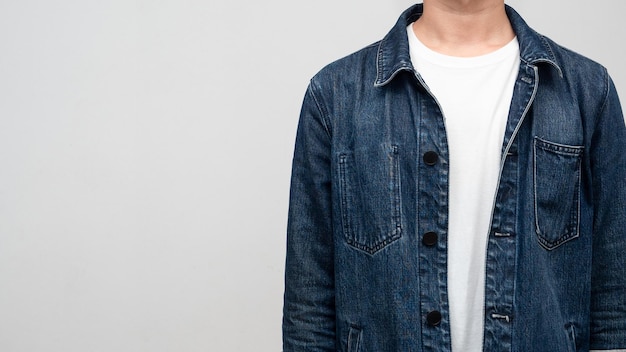 Closeup man wear jeans shirt studio shot isolated