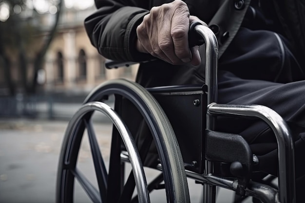 Closeup of a man in a wheelchair in the street Generative AI