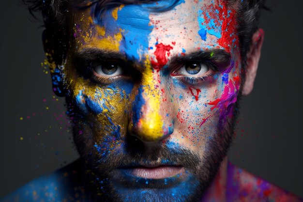 Closeup Of Man With Multi Colored Face Paint on dark background generative ai