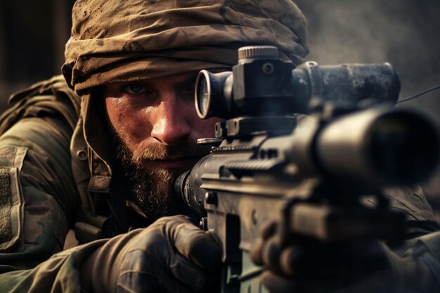 Photo closeup of man with sniper scope selective focus ai generated