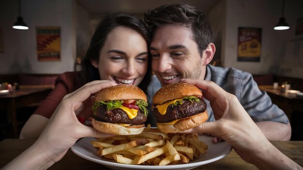 Closeup of man and woman eating one burger together