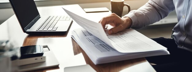 Closeup of a man working with a stack of documents and reports on his office desk