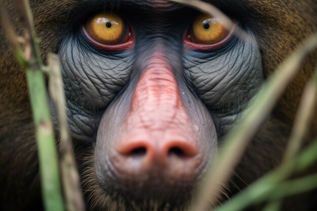 Photo closeup of mandrill eyes surrounded by forest greens