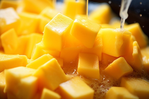 Closeup of mango chunks being blended into juice in a blender