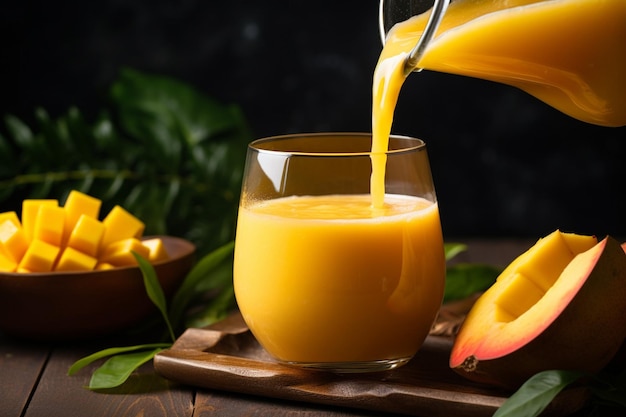 Closeup of mango chunks being blended into juice in a blender