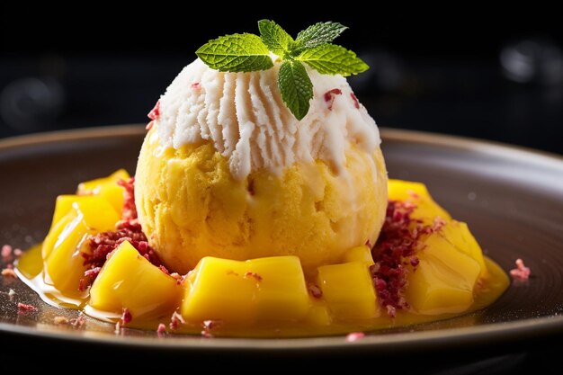 Photo closeup of a mango and passionfruit sorbet served in a carvedout pineapple