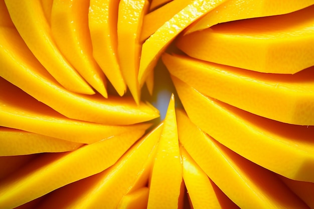 Photo closeup of mango slices arranged on a cutting board with a knife and juicer