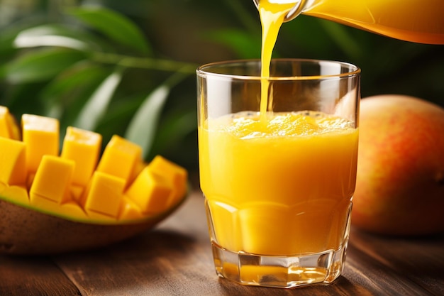 Closeup of mango slices arranged in a heart shape with a glass of juice