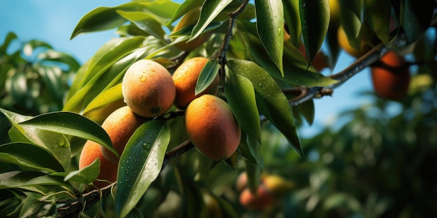 Closeup of mangoes hanging on mango farm agricultural industry concept Generative AI