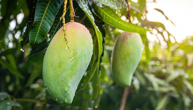 Closeup of mangoes hanging on the tree