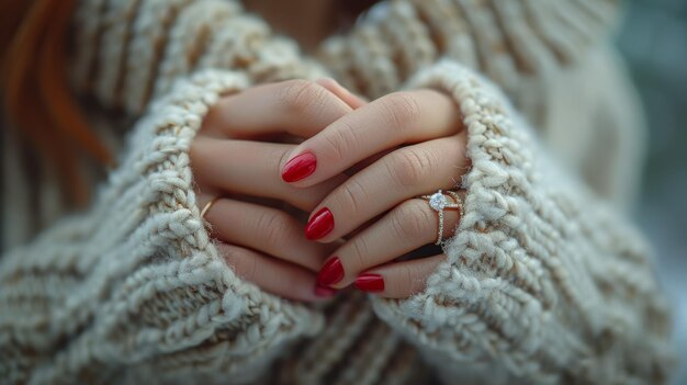 Closeup of manicured hands of a woman wearing a diamond engagement ring with a red manicure