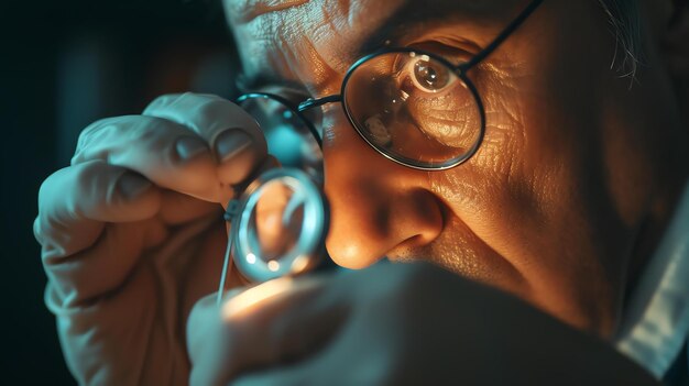 A closeup of a mans eye looking through a magnifying glass The man is wearing glasses and gloves and is holding the magnifying glass up to his eye