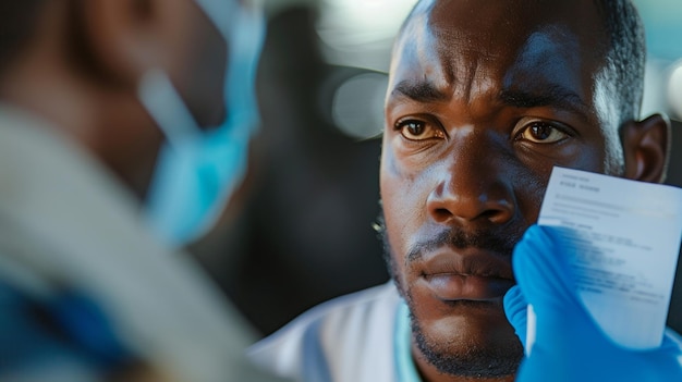 Photo a closeup of a mans face fills the frame his brow furrowed in concentration as he hands his passport