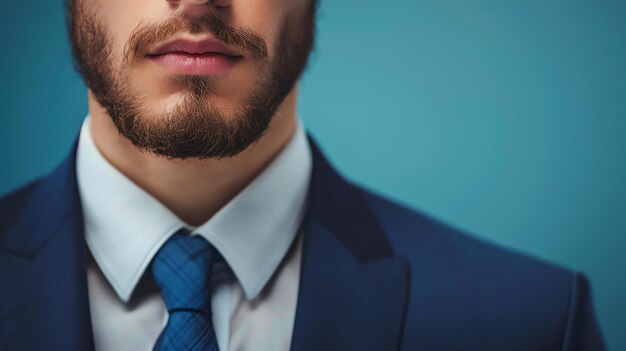 Foto close-up del viso di un uomo indossa una camicia bianca e un vestito blu ha la barba e le labbra sono leggermente divise lo sfondo è blu