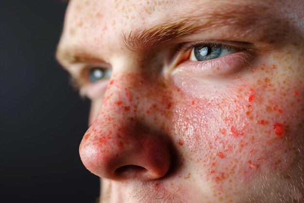 Foto close-up del viso di un uomo con rossore sovrapposto prurito e occhi lacrimosi che raffigurano rinite allergica