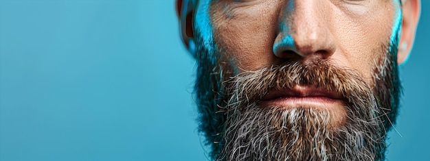 Foto close-up di un viso di uomo con barba e baffi ben curati su uno sfondo colorato