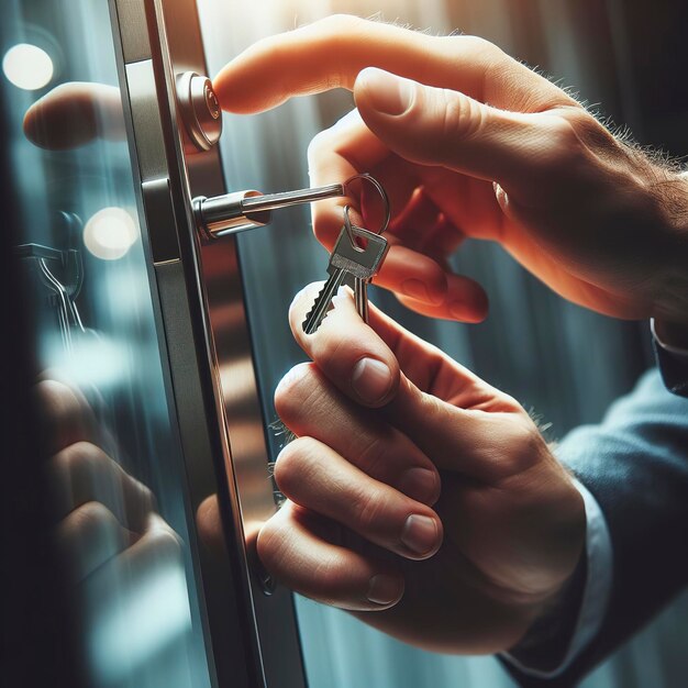 Photo closeup of mans hand opening a glass door with a key