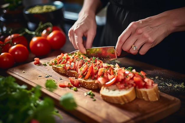 Closeup of a mans hand sprinkling toasted pine nuts over sundried tomato bruschetta