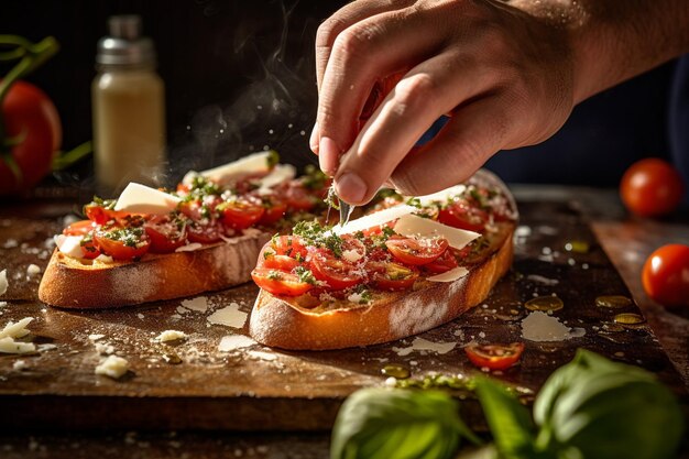 Closeup of a mans hand sprinkling toasted pine nuts over sundried tomato bruschetta