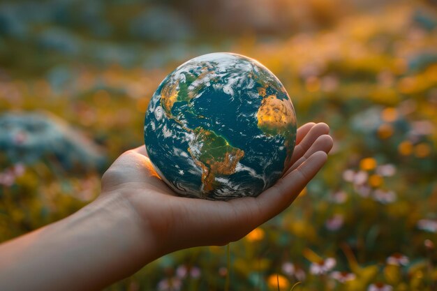 지구의 지구를 들고 있는 사람의 손의 클로즈업 지구의 날 개념 세계를 구하라 환경을 구하라