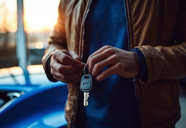 Closeup of mans hands holding keys to new car