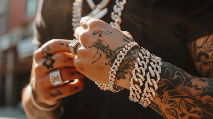 Closeup of a Mans Hands with Gold Jewelry and Tattoos