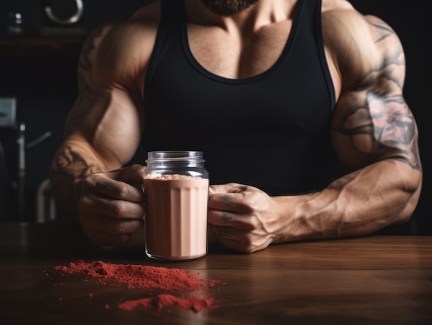 Photo closeup of mans hands with a protein shake on a table bodybuilding