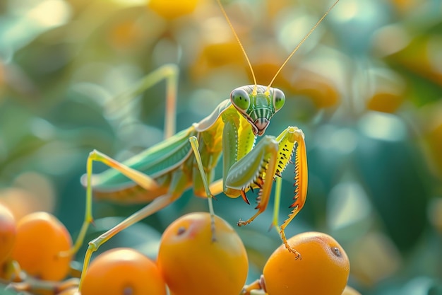 A closeup of a mantis on a fruit tree where it matches the colors of the ripening fruit waiting f