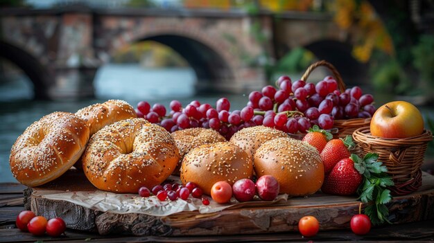 Closeup of many bagels breads with fruits and toppings in a basket Displayed with whole and side views Frontal full view Lifestyle studio shot