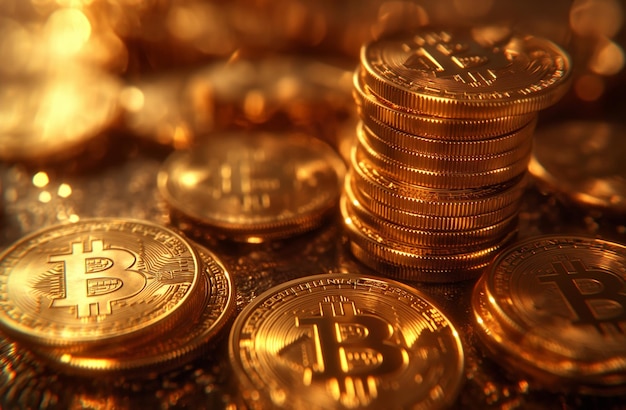 Foto close-up di molti bitcoin d'oro