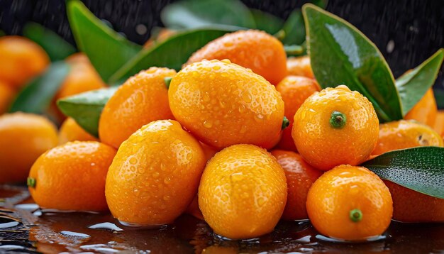 Closeup of many wet kumquats Selective focus